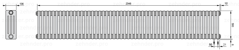 Схема (чертеж) Радиатор Zehnder Charleston 4050/51 №5510 Белый глянцевый RAL 9016